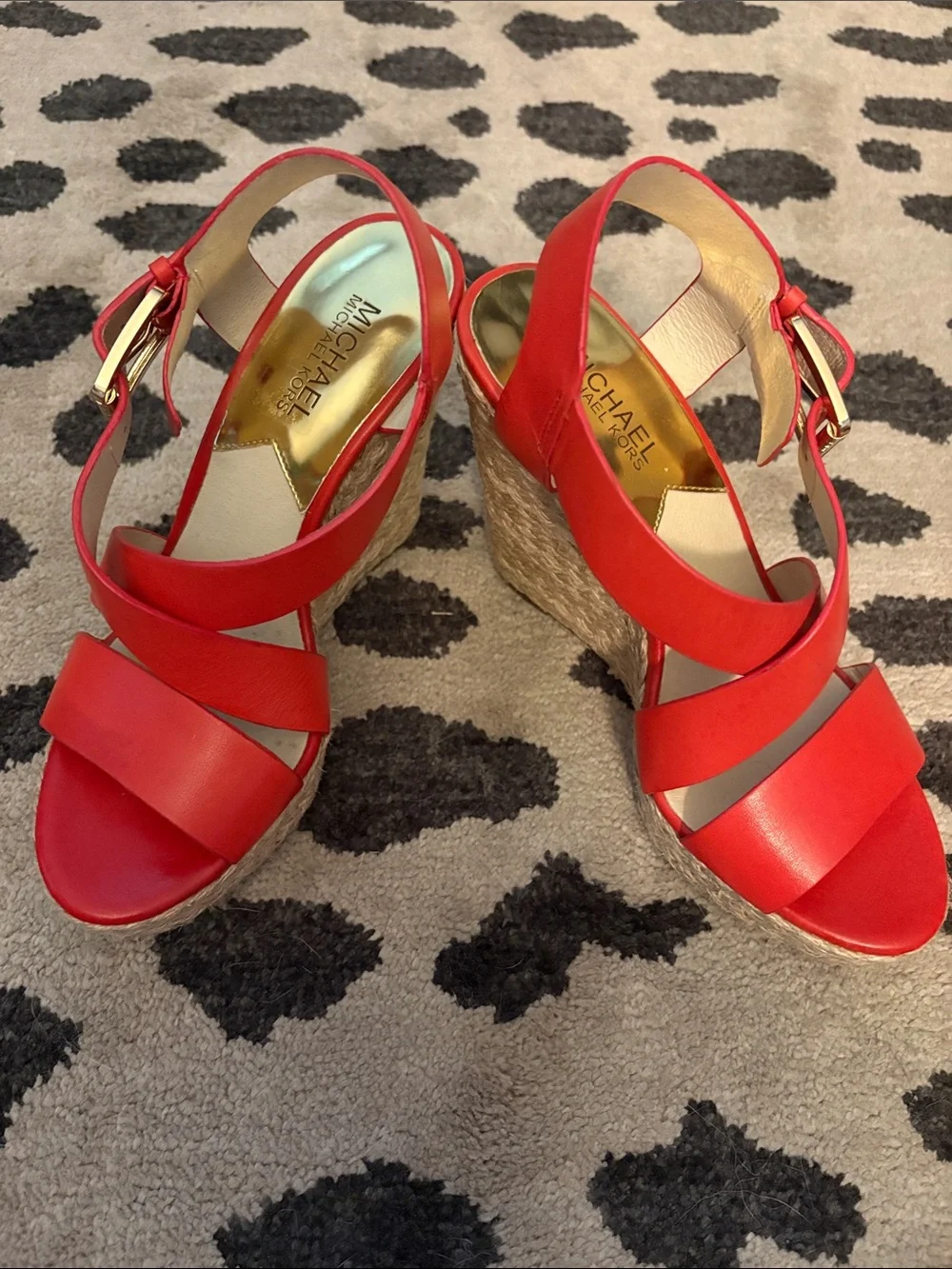 Michael Kors Bright Red Leather Espadrille Wedge Sandals